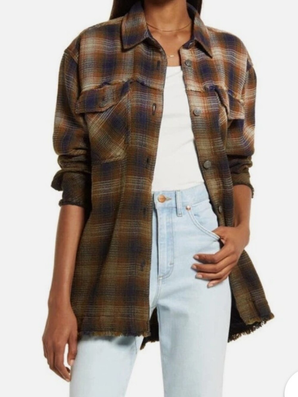 We The Free Free People Anneli Plaid Shacket Brown Blue Olive Oversized